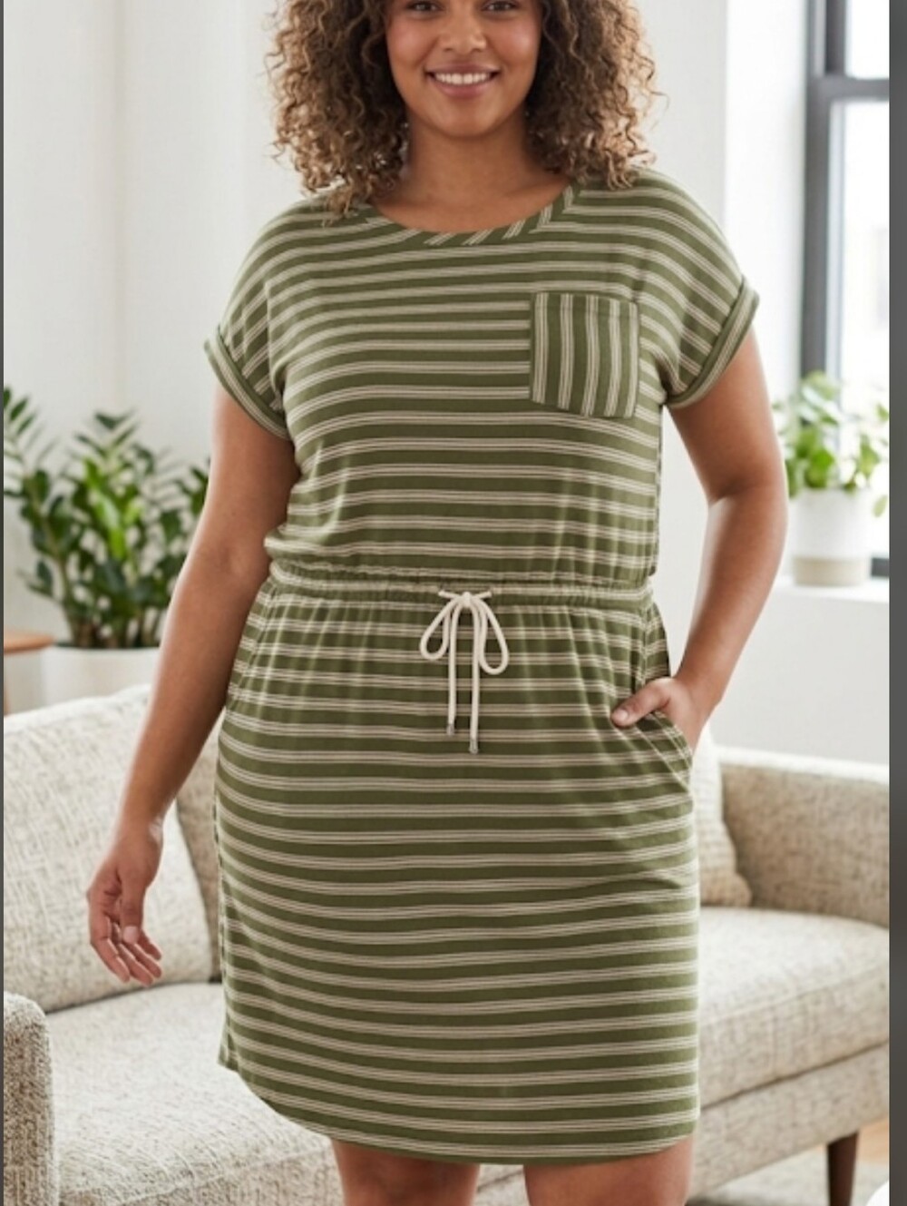 Terra & Sky Olive and White Striped Drawstring Waist Dress Plus Size Casual